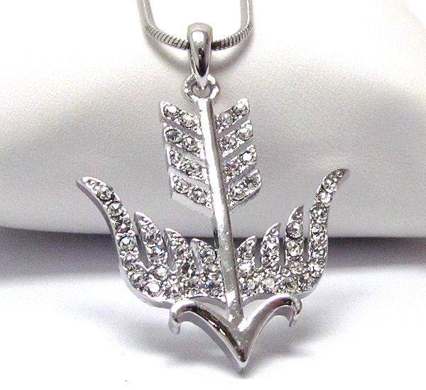 Made in korea whitegold plating and crystal deco arrow and angel wing pendant necklace