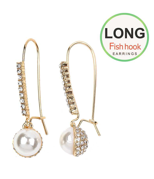 Pearl and crystal half pave drop long fish hook earring