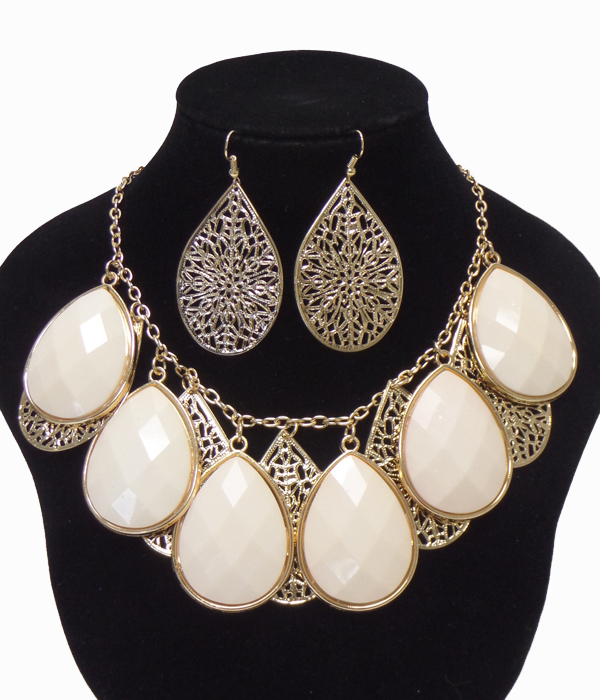 Large facet and metal filigree teardrop necklace set