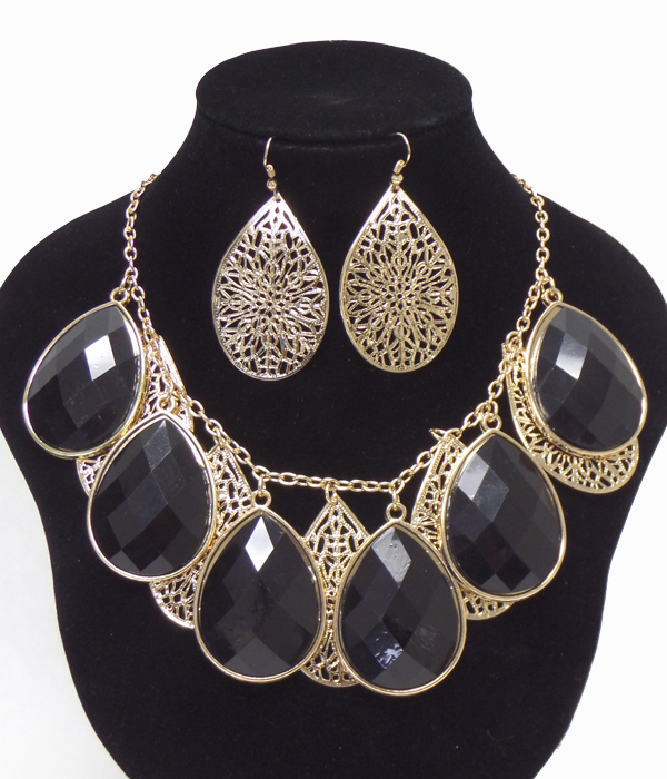 Large facet and metal filigree teardrop necklace set