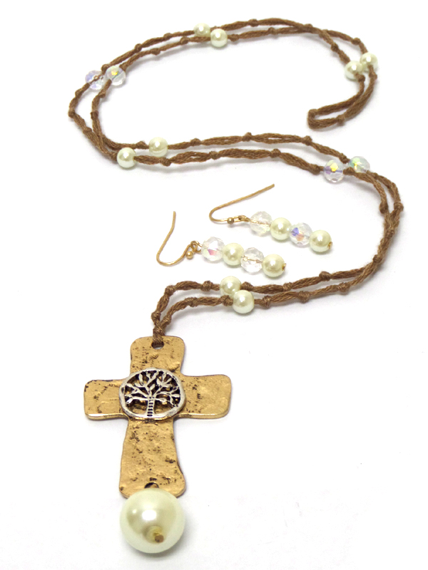 Handmade antique cross pearl ball and suede cord thread long necklace