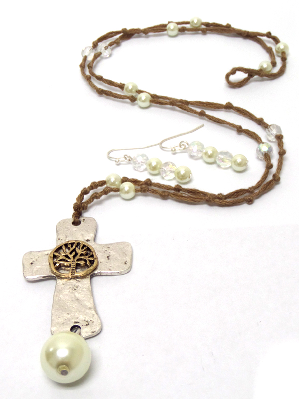 Handmade antique cross pearl ball and suede cord thread long necklace
