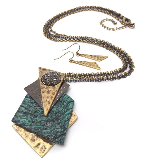 Drusy center modern art pendant long necklace set