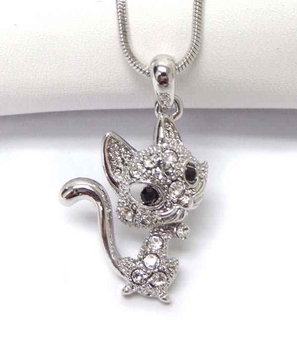Made in korea whitegold plating crystal kitten cat pendant necklace