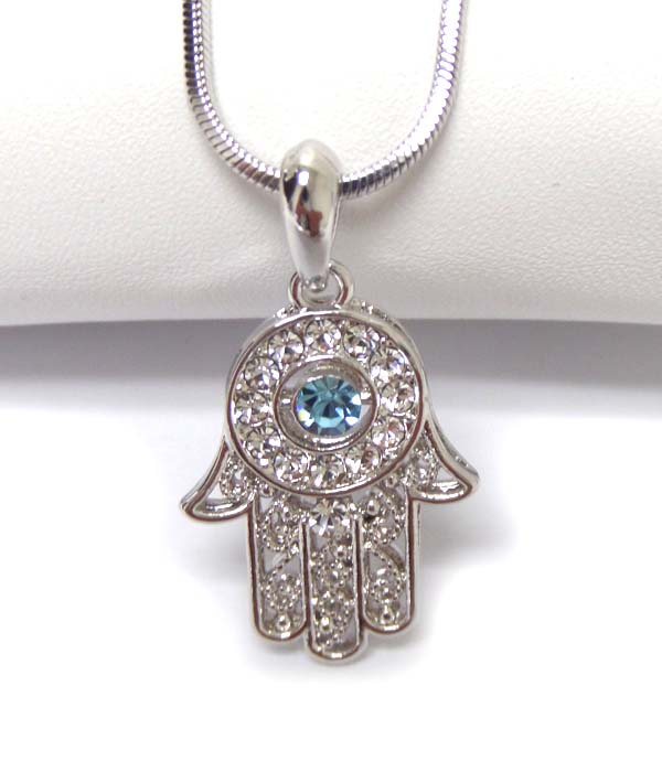 WHITEGOLD PLATING CRYSTAL HAMSA HAND  PENDANT NECKLACE