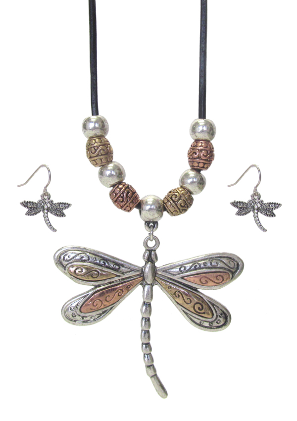 VINTAGE METAL DRAGONFLY PENDANT NECKLACE SET