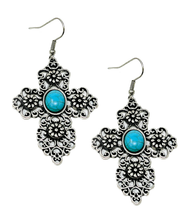 WESTERN THEME TURQUOISE CENTER CROSS EARRING