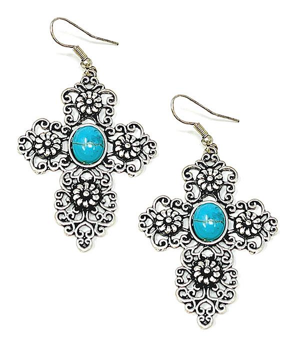 WESTERN THEME TURQUOISE CENTER CROSS EARRING