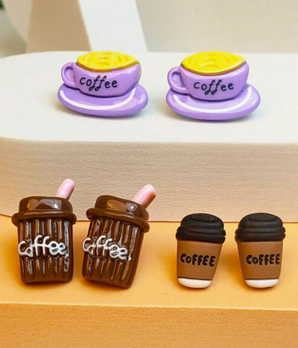 3d resin 3 pair coffe cup earring set