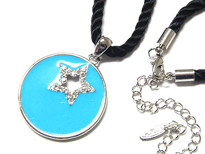 Epoxy round disk and crystal star braided cord necklace