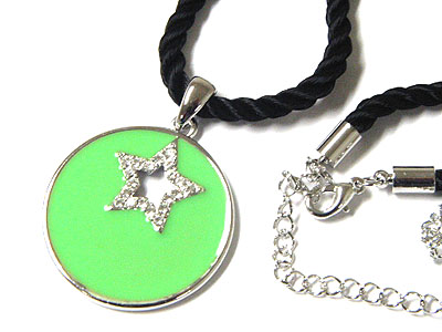Epoxy round disk and crystal star braided cord necklace