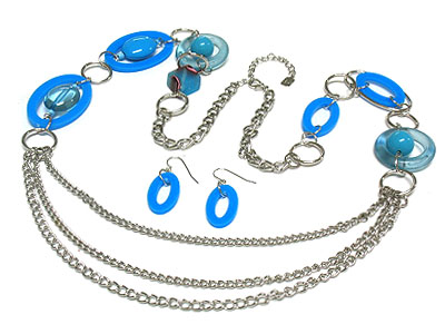 TRIPLE STRANDS AND ACRYL AND GLASS MARBLE BEAD  LONG NECKLACE AND EARRING SET