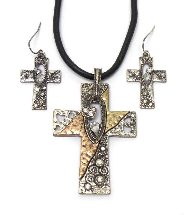 Crystal deco metal art cross cord necklace earring set
