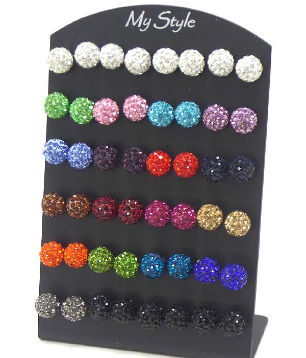 Multi crystal ball earring set of 24 pair - 2 dozen mens jewelry