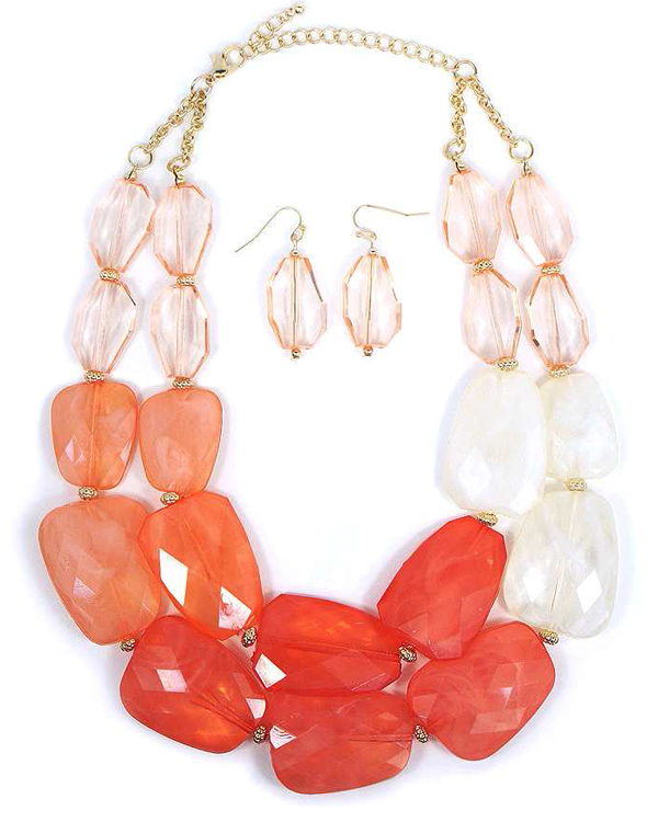 Double layer facet acrylic stone mix necklace earring set