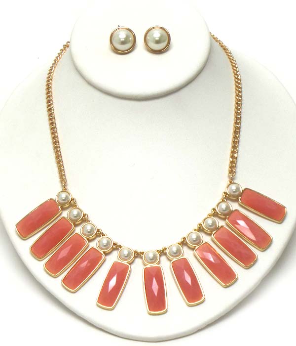 Multi facet bar stone and pearl link cocktail necklace earring set