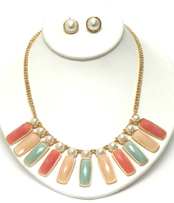 Multi facet bar stone and pearl link cocktail necklace earring set