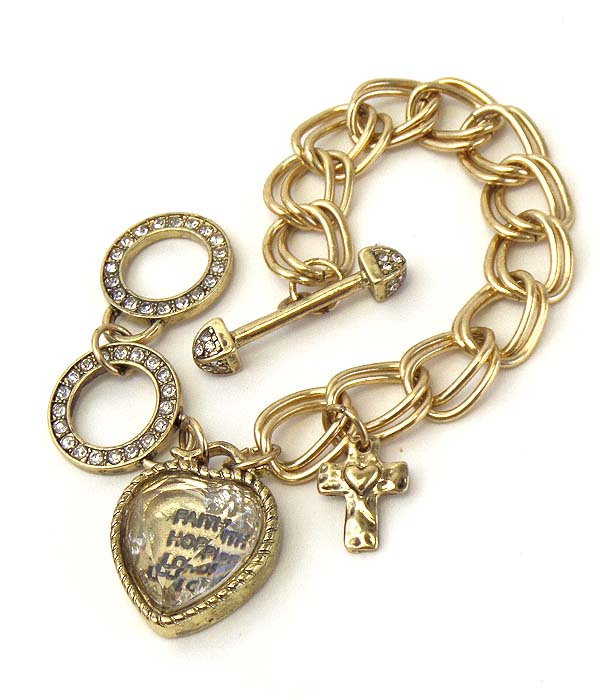 Religious theme floating crystal in heart charm and chain toggle bracelet - faith hope love