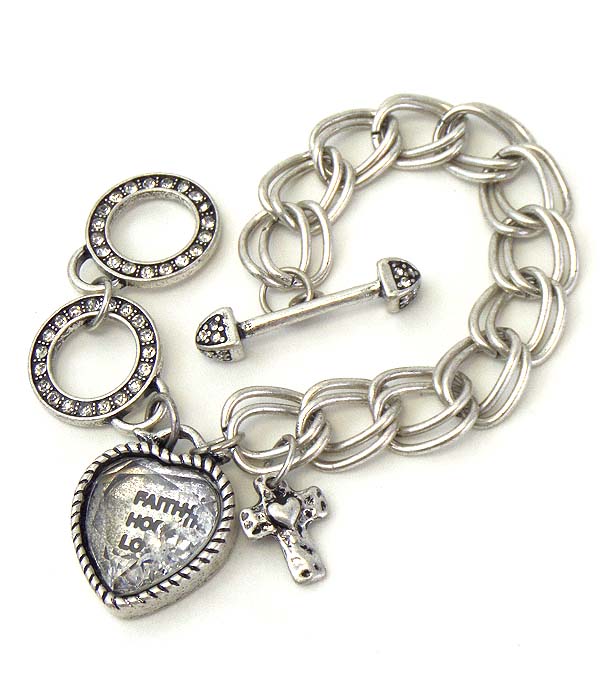 Religious theme floating crystal in heart charm and chain toggle bracelet - faith hope love