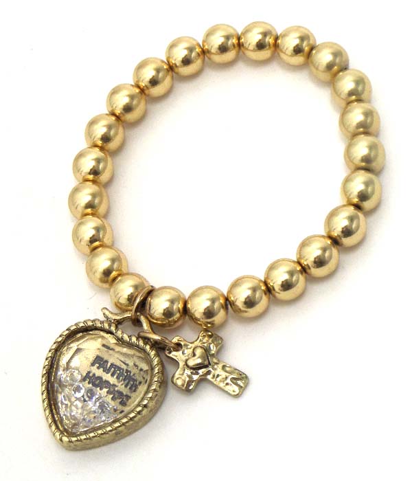 Religious theme floating crystal in heart charm stretch bracelet - faith hope love
