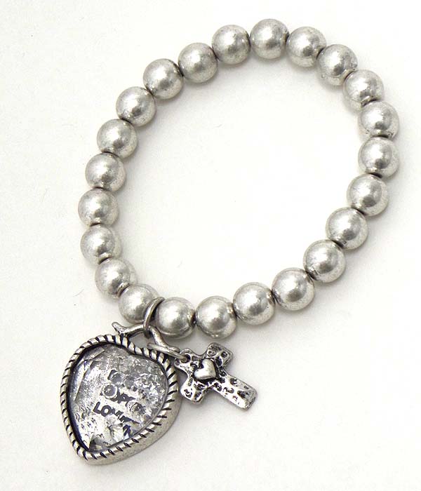 Religious theme floating crystal in heart charm stretch bracelet - faith hope love