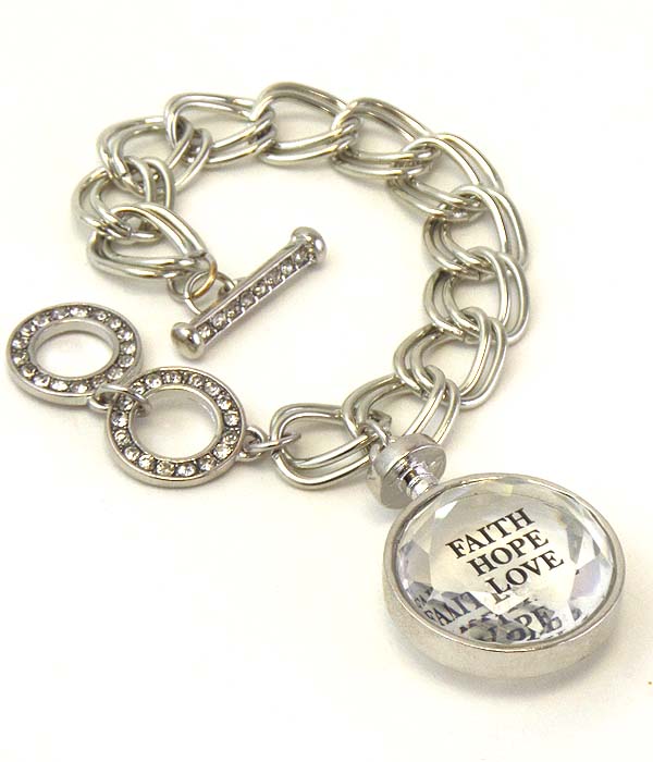 Religious theme floating crystal in disk charm and chain toggle bracelet - faith hope love