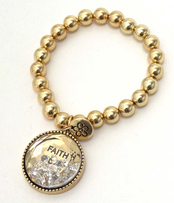 Religious theme floating crystal in disk charm stretch bracelet - faith hope love