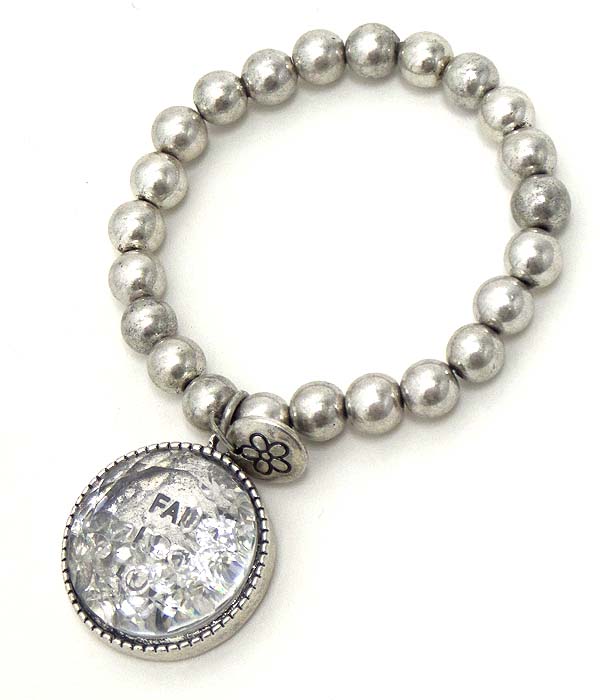 Religious theme floating crystal in disk charm stretch bracelet - faith hope love