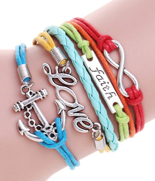Multi row leatherette wrap bracelet - anchor love faith