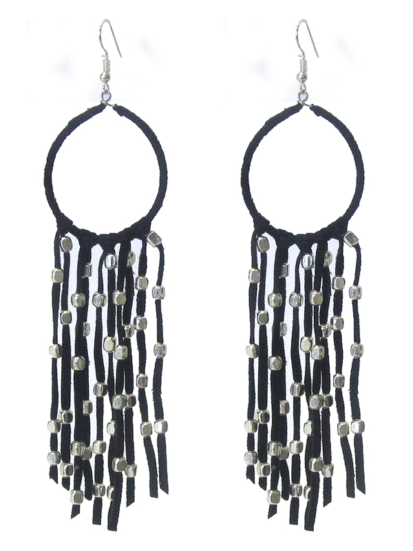 SUEDE HOOP AND LONG TASSEL DROP EARRING