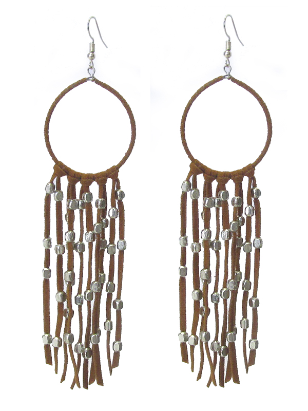 SUEDE HOOP AND LONG TASSEL DROP EARRING