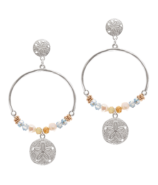 Sealife theme glass bead hoop earring - sand dollar