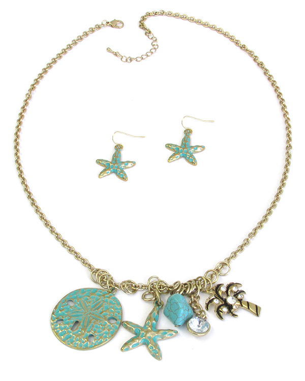 SEALIFE THEME MULTI PATINA CHARM PENDANT NECKLACE SET - STARFISH SANDDOLLAR