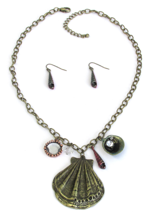 Sealife theme multi patina charm pendant necklace set - shell