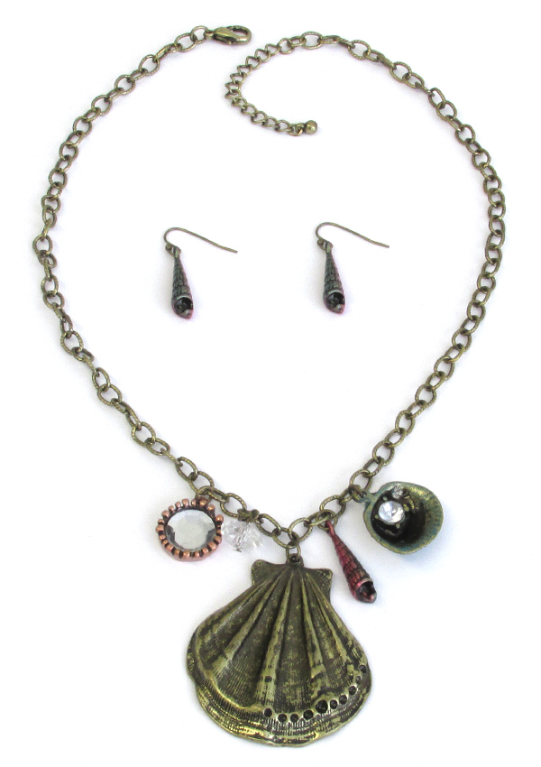 SEALIFE THEME MULTI PATINA CHARM PENDANT NECKLACE SET - SHELL