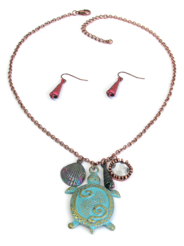 Sealife theme multi patina charm pendant necklace set - turtle shell
