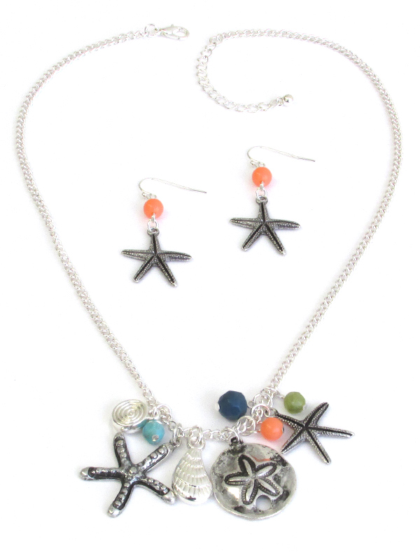 SEALIFE THEME MULTI CHARM PENDANT NECKLACE SET - STARFISH SANDDOLLAR