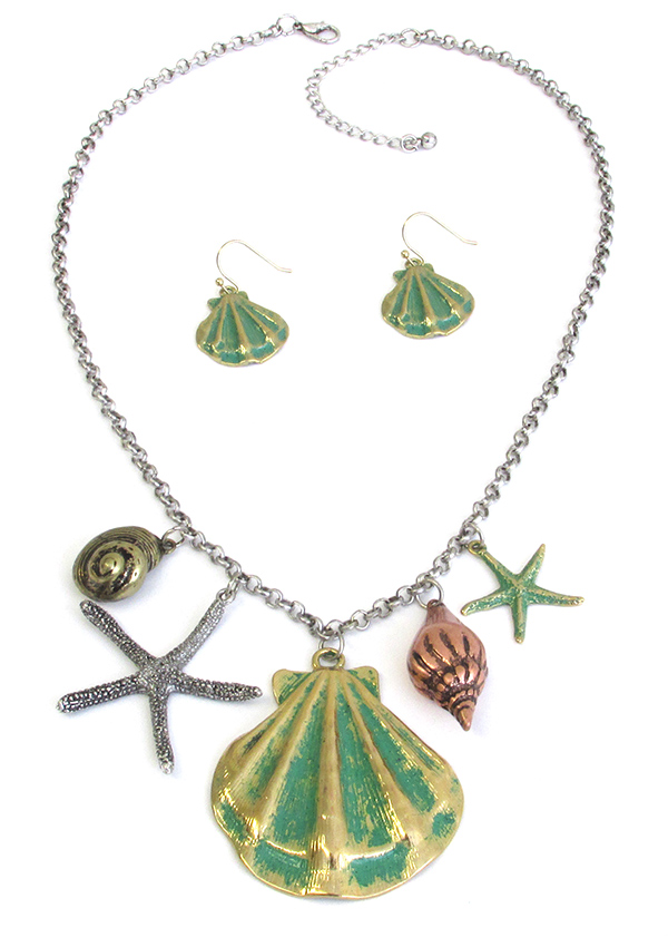 SEALIFE THEME MULTI PATINA CHARM PENDANT NECKLACE SET - STARFISH SHELL