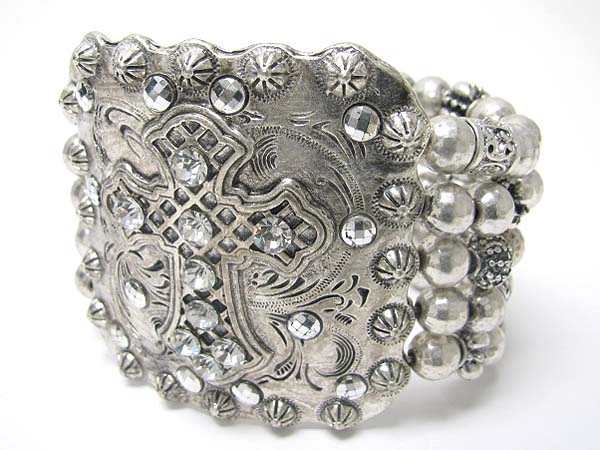 Crystal cross accent antique metal stretch bracelet