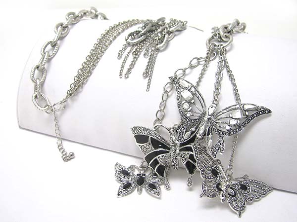 Marcasite look metal textured butterfly charm dangle long necklace