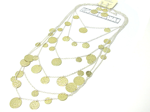 Multi metal disk and multi  chain link long necklace earring set