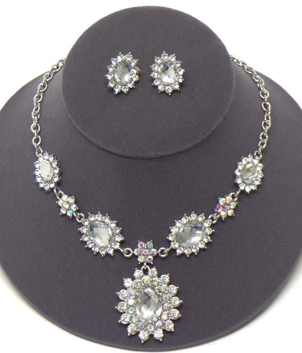 Crystal and facet glass flower pendant party necklace earring set