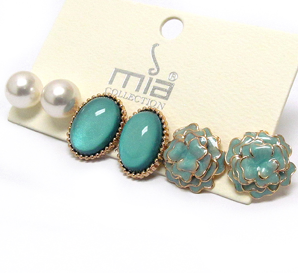 Pearl and epoxy flower earring set of 3