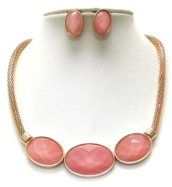 Triple facet oval stone and tube chain necklace earring set