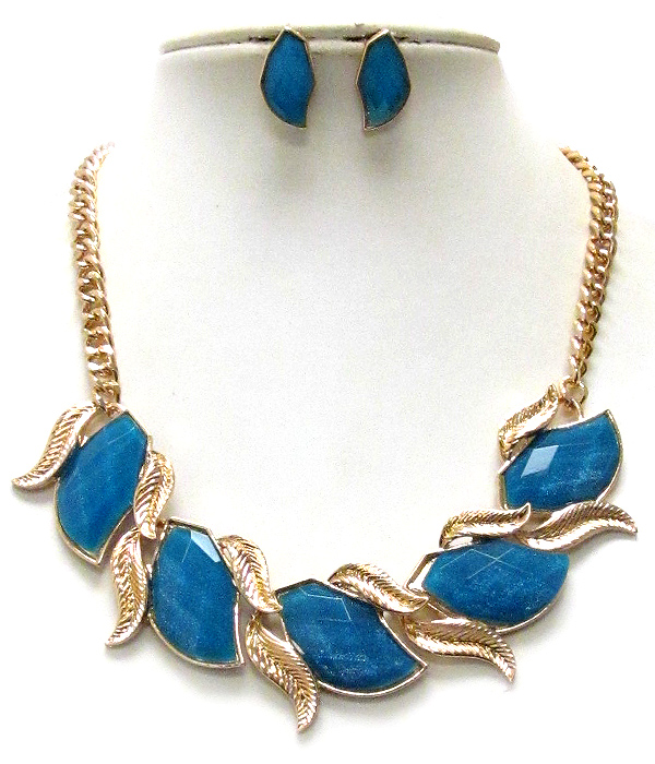 Multi metal leaf and facet acrylic stone deco necklace earring set