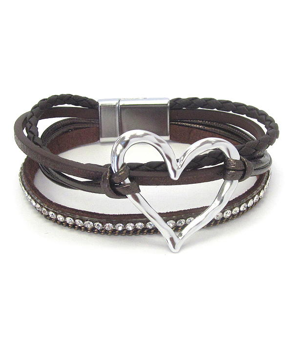 Heart and multi leatherette chain magnetic bracelet