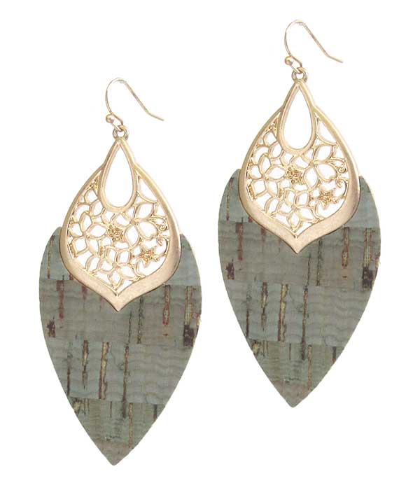 METAL FILIGREE AND CORK LEAF EARRING