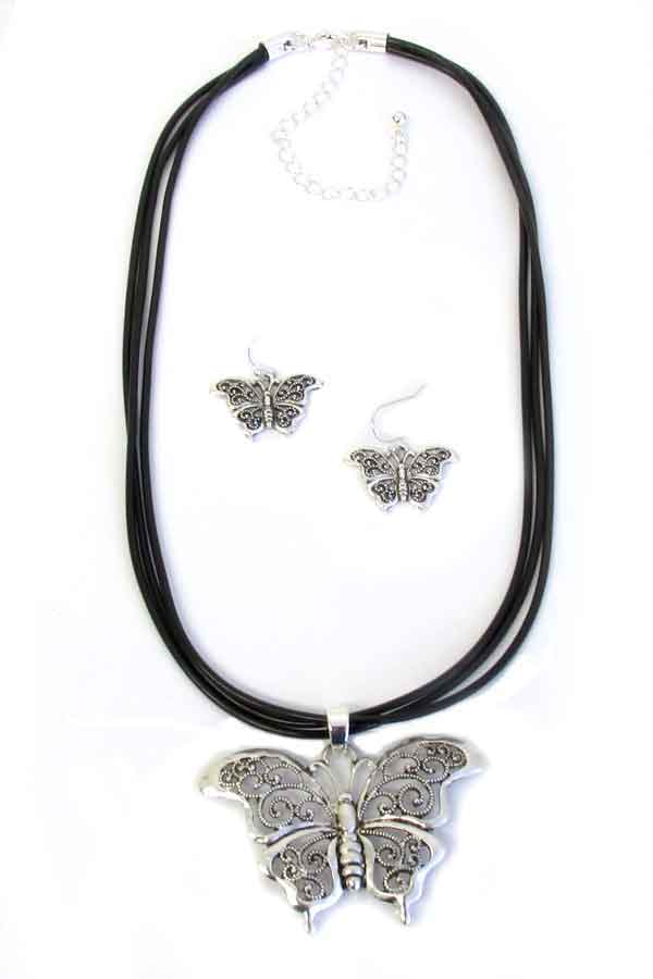 MARCASITE PENDANT AND MULTI CORD NECKLACE SET - BUTTERFLY