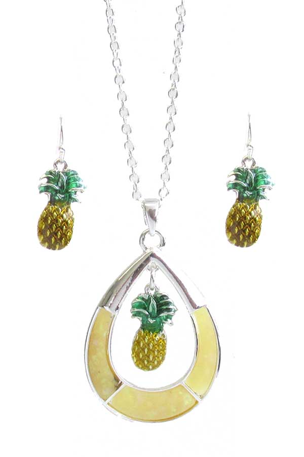 TROPICAL THEME EPOXY TEARDROP RING PENDANT NECKLACE SET - PINEAPPLE