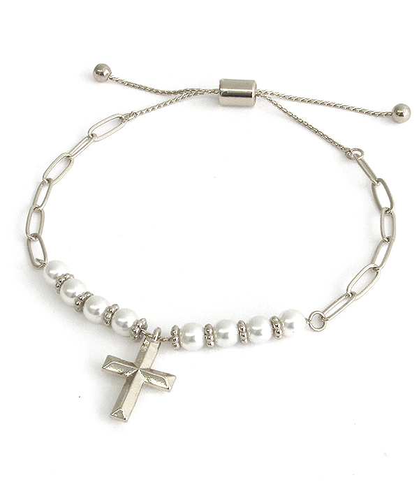 CROSS CHARM AND PEARL MIX PULL TIE BRACELET